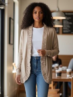 Elegant Tan Women's Ruffled Cardigan